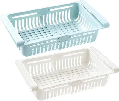 Produktbild von 2er-Pack ausziehbare Kühlschrank-Aufbewahrungsbox mit Multifunktions-Schubladen-Organizer für Kühlschrank, Küchen-Vorratskammerregal (Farbe: Weiß + Blau)