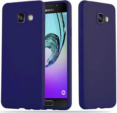 A dark blue phone case is shown from the front and side, with a Samsung phone inside the case visible.