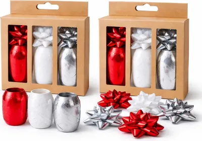 Produktbild von Geschenkband-Set mit Schleifen – 2er-Pack (2er-Set) – 6 Rollen à 10 Meter + 18 Geschenkschleifen – Rot, Weiß & Silber – Geschenkverpackungsset