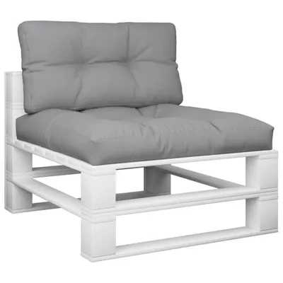 A single white pallet sofa chair with grey cushions, isolated on a white background.