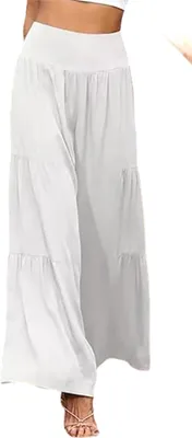 Obrázek produktu pro ASKSA Dámské plátěné kalhoty Letní elegantní kalhoty s vysokým pasem a širokou nohavicí Lehké kalhoty, bílé, vel: L