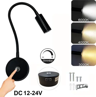 Produktbild von LED Wandleuchte Dimmbar 3 Lichtfarbe, Leselampe Flexibel Lampenarm,Wandlampe Touch Schalter USB-Anschluss 12–24V Innenraum RV Wohnmobil Schiff,schwarz