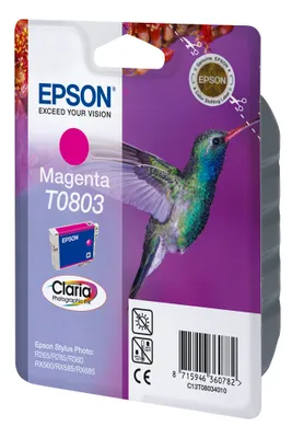 Obrázek produktu pro Epson Hummingbird Singlepack Magenta T0803 Claria Photographic Ink, Standardní výtěžnost, Purpurová, Inkoust na pigmentové bázi, 7,4 ml, 1 kusů, Balení po jednom