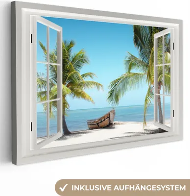 Produktbild von Leinwand Bilder 90x60 cm - Fensterblick - Palme - Boot - Tropisch - Meer, Bilder, Wanddeko, Wandbilder Wohnzimmer