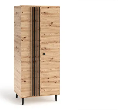 A tall, narrow wardrobe with a wood-grain finish and vertical dark slats on the front.