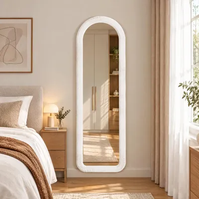 Produktbild von Bogenspiegel 160x50 cm, Ganzkörperspiegel mit Gepolsterter Flanellbezugrahmen, Standspiegel/Wandspiegel für Schlafzimmer,Wohnzimmer und Flur
