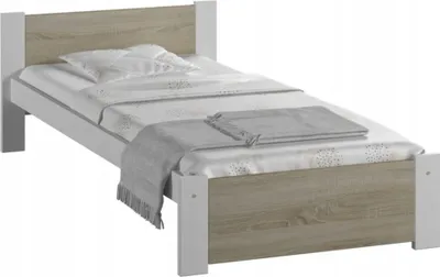 Produktbild von Bett 90x200, Bettgestell 90x200, Einzelbett mit Lattenrosten 90x200 | Massivholz Kiefer & Möbelplatte | Stabil & Langlebig | 205x102x58.5 cm (BxTxH) | Weiß mit Sonoma Eiche