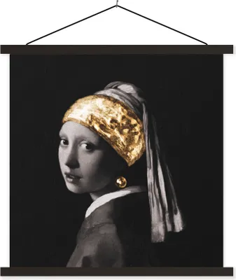 Produktbild von MuchoWow® Textilposter Das Mädchen mit dem Perlenohrring - Vermeer - Gold 60x60 cm mit schwarzem Rahmen - Posteraufhänger