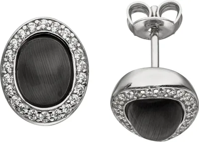 Produktbild von Ohrstecker Mondstein-Imitation schwarz mit Wölbung oval 44 Zirkonia 925 Silber