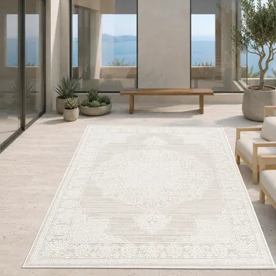 Produktbild von Teppich Greige Creme Vintage Ornament In & Outdoor Flachgewebe Größe - 200 x 290 cm