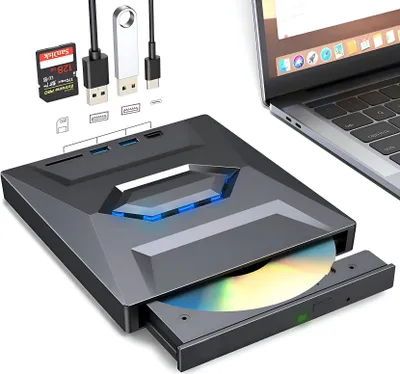 Produktbild von ZELURXX 4 in 1 CD/DVD Brenner, Multifunktionales, Externes DVD Laufwerk, SDKartensteckplatz, mit USB 3.0/Type-C , 15,5 x 14,3 x 2,3 cm, Schwarz