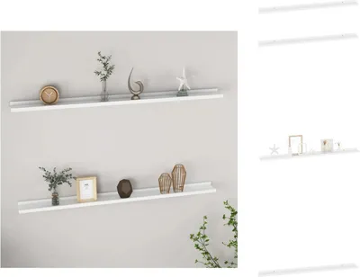 Two white shelves mounted on a light gray wall, decorated with various small items.