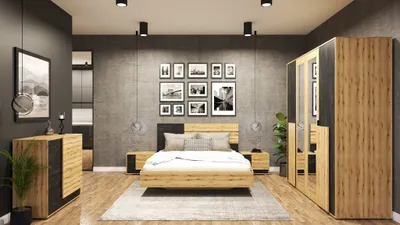 Produktbild von Schlafzimmer-Set Bettgestell Kleiderschrank Nachttisch Kommode Bafra mit Superb-Matratze (Artisan Eiche/Schwarze Norwegische Kiefer)