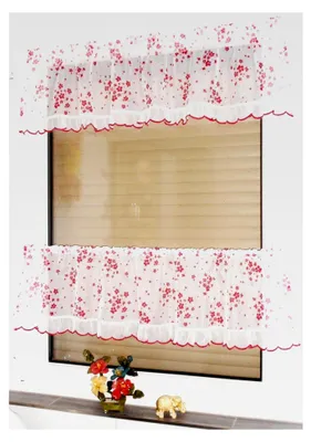 Produktbild von 2er Set Bistrogardine Scheibengardine Vorhang weiß rot (110 x 30 cm)