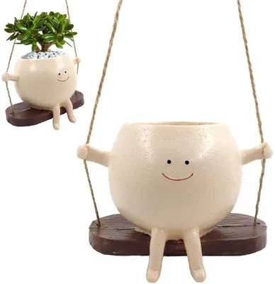 Immagine prodotto di Vaso da fiori sospeso a dondolo con faccina sorridente, in bambù, 30 cm, per interni ed esterni, balcone, giardino, decorazione