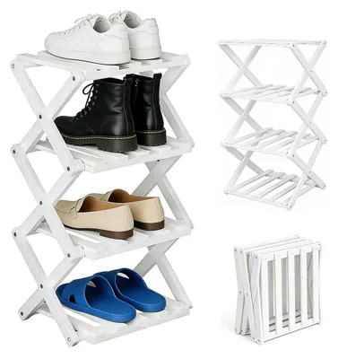 Immagine prodotto di Scaffale per scarpe pieghevole, stretto, in bambù, bianco, con 4 ripiani, dimensioni 26x26x54 cm