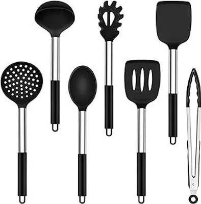 AVANA Set Di Utensili Da Cucina In Silicone, 10 Pezzi - Antiaderente, Resistente Al Calore, Confezione Con Pinze, Frusta E Spatole - Colore Nero - 2