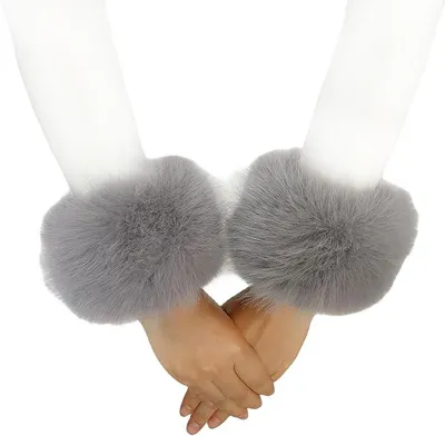 Produktbild von Kunstpelz Armstulpen Damen - 1 Paar - 14 x 11 cm - Warme Pelzstulpen - Winterliche Ärmelbündchen - Für Pullover, Jacken & Mäntel - Grau