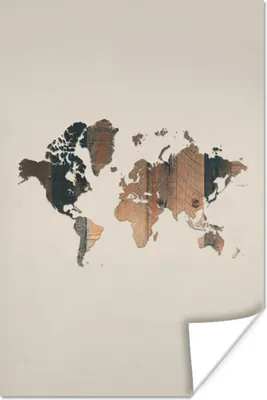 Produktbild von MuchoWow® Poster Weltkarte - Holzbrett - braun 60x90 cm - Wanddekoration