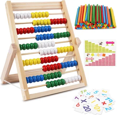 Produktbild von Rechenrahmen für die 1. Klasse – Abakus für Kinder ab 3 Jahren – Holzzählrahmen mit 100 Zählstäbchen – Zahlenalphabetkarten – Lernspielzeug