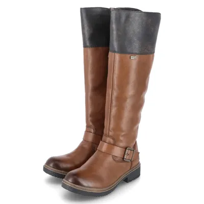A pair of brown leather boots with black tops and a buckle detail.