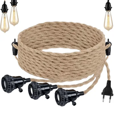 Produktbild von 3 Paar Lampenfassung mit Kabel E27, Pendelleuchte Kit mit Schalter, Hanfseil Hängelampe 6.8 M Textilkabel Lampenkabel Kit für Wohnzimmer DIY Vintage Hängeleuchte Kronleuchter, Ohne Glühbirne