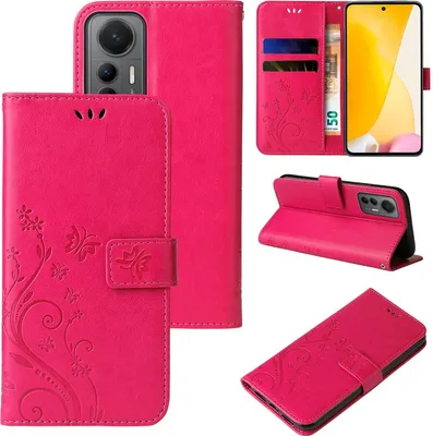 Produktbild von Handyhülle für Xiaomi 12 / 12X Floral Blumen Schmetterling Flip Cover Hülle Case Klapphülle Handytasche Farbe: Pink