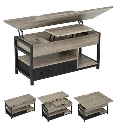 Image de Table basse réglable en hauteur, 3 en 1, gris, en MDF et métal, dimensions : 100 x 100 x 67 cm