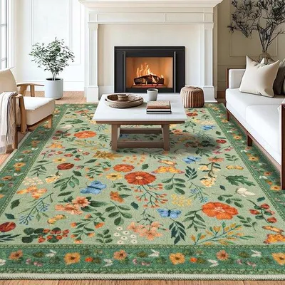 Produktbild von Unyqoos® Waschbarer Kurzflorteppich mit Boho‑Blumenmuster – rutschfester TPR‑Rücken, formstabile Einfassung, 300 x 200 cm