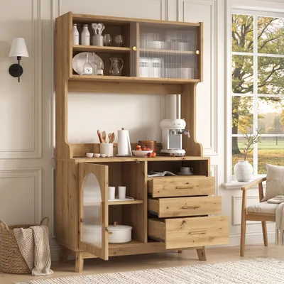 Produktbild von STILVORA Buffetschrank mit mehrstufigem Stauraum, Hochschrank mit Steckdose, Esszimmerschrank mit USB-C/USB-A-Anschlüssen, Holzfarbe