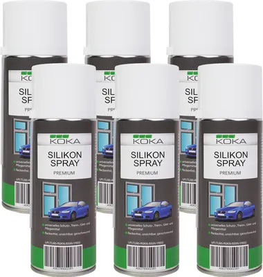 Six cans of KOKA Silikon Spray Premium are arranged in two rows.