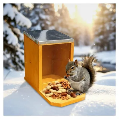 Produktbild von Futterhaus für Eichhörnchen aus Holz 12x22x18cm mit großer Sitzplattform | aufklappbares Zinkdach | Futterautomat