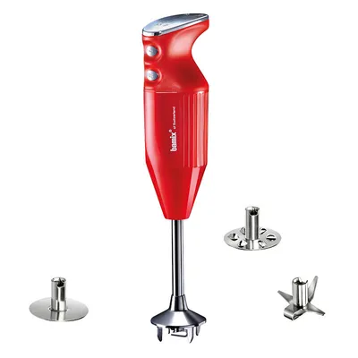 A red Bamix immersion blender with its accessories displayed on a white background.