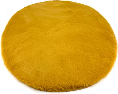 Produktbild von Heimtexland ® flauschiger Fellteppich Rabbit Hochflor Teppich Hasenfell-Imitat 90 cm rund Bettvorleger Schlafzimmer Deko-Fell Wohnzimmer Spielteppich Kinderzimmer Fake Fur Typ917 senfgelb