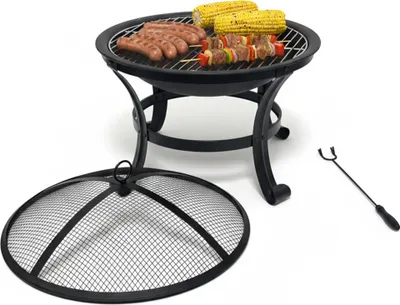 Produktbild von Relaxdays Feuerschale, Ø Schale 55 cm, mit Grillrost, Funkenschutz, Schürhaken, Stahl, Feuerstelle Garten, schwarz