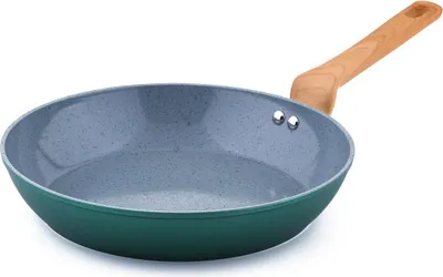 A green frying pan with a wooden handle is shown against a white background.