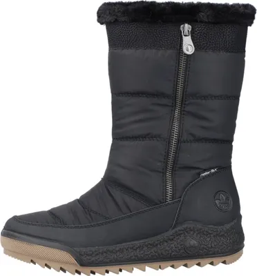 A side view of a black winter boot.
