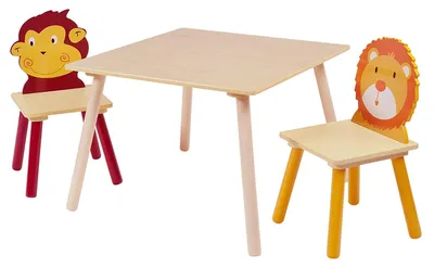 Immagine prodotto di Tavolo in legno per bambini con 2 sedie, set – ideale per studiare, giocare, disegnare e mangiare – Motivo: Animali