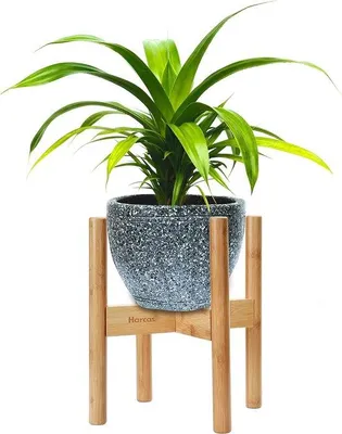 Image de Support en bambou pour plantes - Support en bois pour fleurs - Pièce unique - Bambou et bois - Hauteur : 22-32 cm