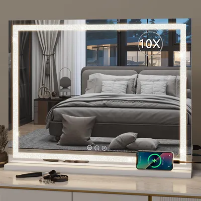 Image de Miroir de maquillage Puluomis, 80x60 cm, avec éclairage LED réglable et design diamant, miroir de style Hollywood, miroir de table USB Type C, miroir mural