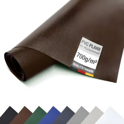 A rolled-up piece of brown PVC tarpaulin is shown, with a label indicating its specifications.