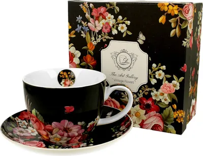Produktbild von DUO FLORAL Jumbobecher 470 ml VINTAGE FLOWERS BLACK mit Untertasse, New Bone China Porzellan