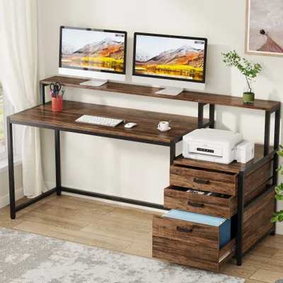 Zdjęcie produktu dla Tribesigns 160 cm biurko komputerowe z szufladą, ergonomiczne biurko biurowe z podstawką pod monitor, industrialne biurko komputerowe z miejscem na drukarkę, brązowe