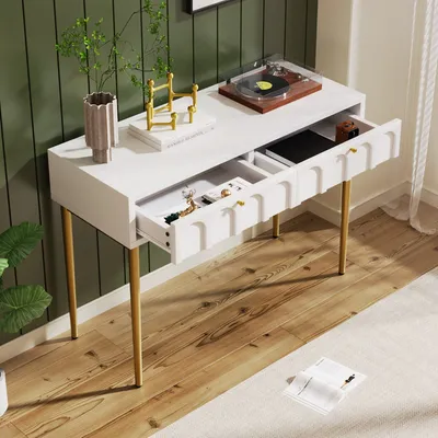 Produktbild von Odikalo Schminktisch Kommode Highboard Sideboard 2 Schubladen 76 cm Höhe Weiß Goldene Beine