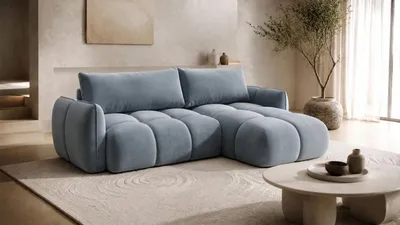 Productafbeelding van Kaiser Möbel: Hoekbank in L-vorm met slaapfunctie, bekleed met veloursstof in de kleur blauwgrijs, rechts, model BELVEDER L