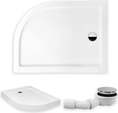 A white shower tray and its drain assembly are displayed against a white background.
