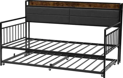 Immagine prodotto di SucceBuy Struttura per letto a due piazze, divano letto con letto estraibile, struttura a piattaforma con stazione di ricarica integrata e supporto a doghe in metallo per soggiorno, camera da letto o stanza degli ospiti, nero