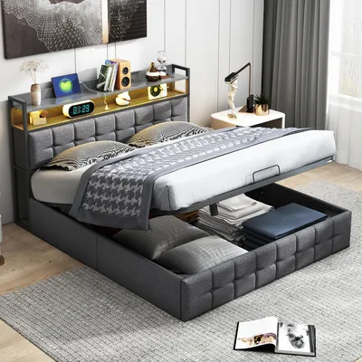 Produktbild von SUNFECILI Polsterbett 140x200 cm,Boxspringbett 140x200,mit Lattenrost,Weicher Rückenlehne und Kopfteil,USB,LED,Doppelbett,Jugendbett, Leinen,Grau