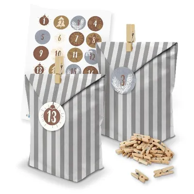 Produktbild von itenga SET Adventskalender 24 x Tüten Streifen + Klammern + Zahlensticker (Z15)