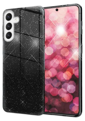 A black glitter phone case is shown next to a smartphone with a pink, bokeh background.